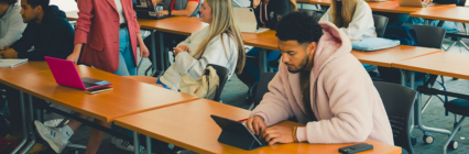 Student working on computer in class.