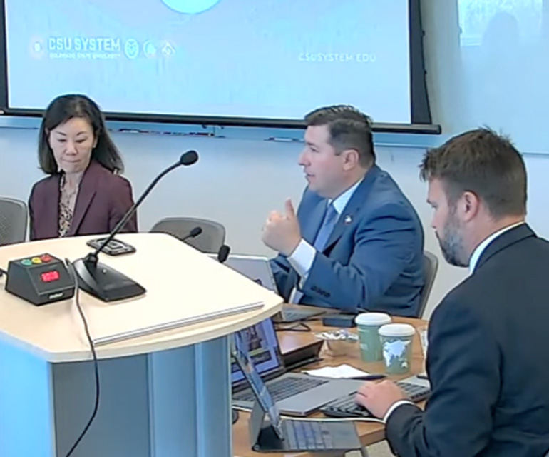 CSU Pueblo President Armando Valdez address the Board of Governors meeting in Fort Collins