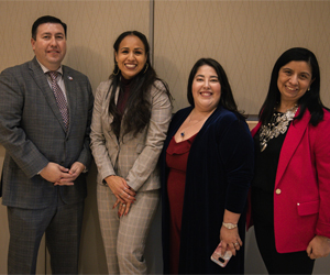 Figure 2Left to Right, CSU Pueblo President Armando Valdez, Keynote speaker and scholar Dr. Gina Garcia, DE&I director of DE&I Dr. Erin Carrillo-Stresow, and Assistant Director of CAMP Dr. Victoria Obregón 