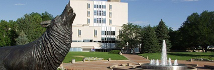 Wolf statue by CSU-Pueblo fountain